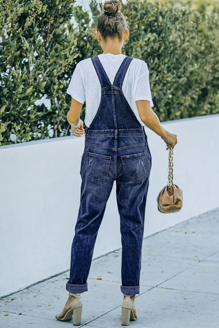 Pocketed Distressed Denim Overalls - Ruby's Fashion