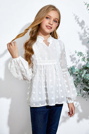 Girls Swiss Dot Spliced Lace Notched Blouse - Ruby's Fashion