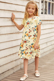 Girls Floral Round Neck Short Sleeve Dress with Pockets - Ruby's Fashion