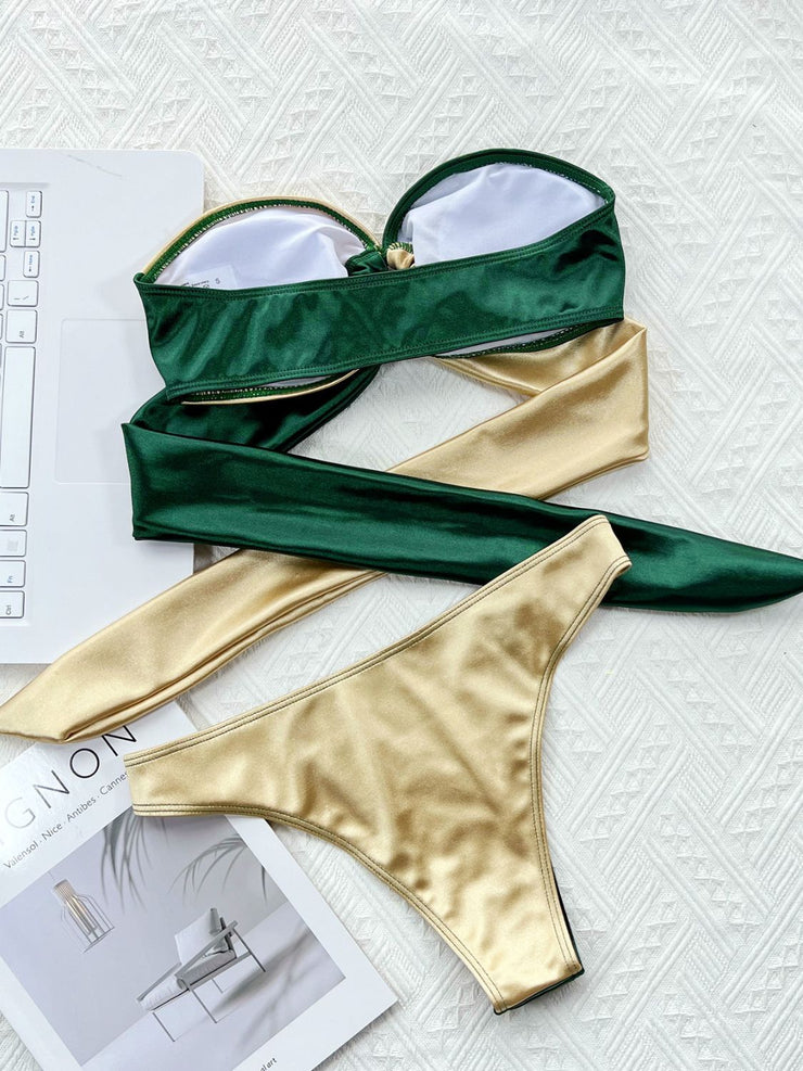 Two-Tone Ring Detail Tied Bikini Set - Ruby's Fashion