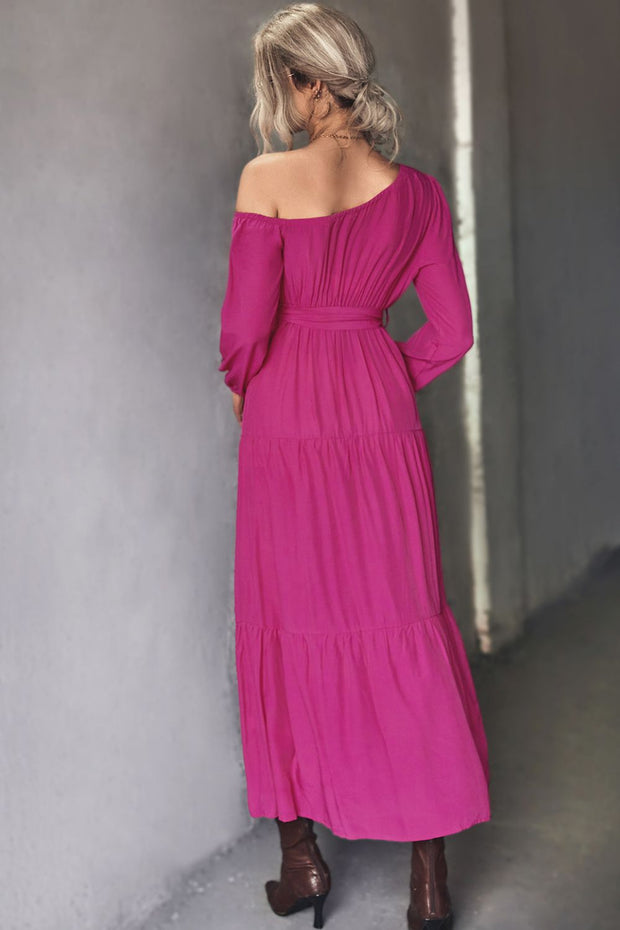 Belted One-Shoulder Tiered Maxi Dress - Ruby's Fashion