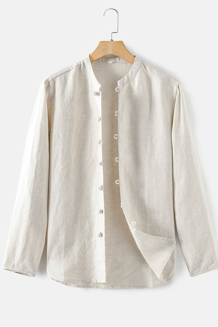 Buttoned Round Neck Long Sleeve Linen Shirt