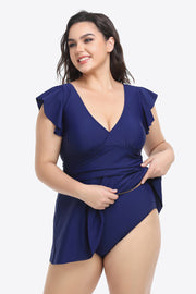 Plus Size Ruffled Plunge Swim Dress and Bottoms Set - Ruby's Fashion