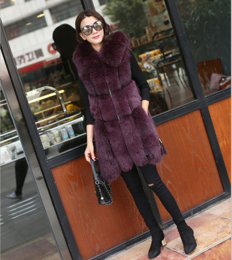 Faux Fox Fur Stitching Mid Length Coat - Ruby's Fashion