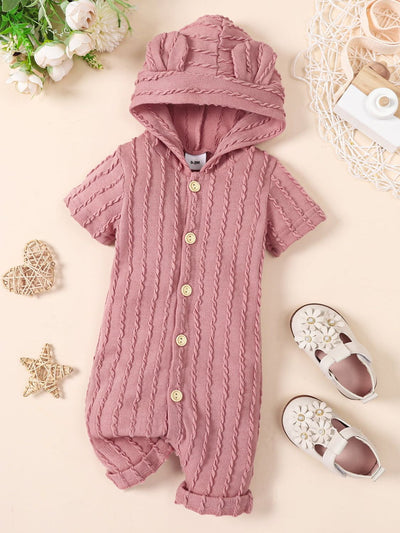 Baby Textured Button Front Hooded Jumpsuit with Ears - Ruby's Fashion
