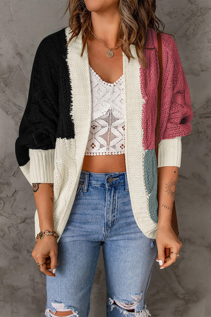 Color Block Cable-Knit Batwing Sleeve Cardigan - Ruby's Fashion