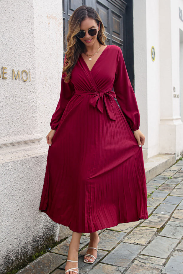 Pleated Long Sleeve Surplice Maxi Dress - Ruby's Fashion