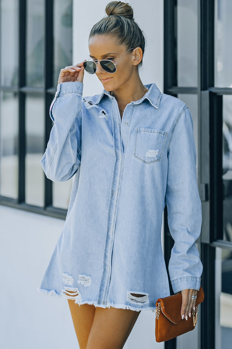 Distressed Snap Down Denim Jacket - Ruby's Fashion