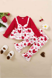 Girls Heart Print Bow Detail Sweater and Flare Pants Set - Ruby's Fashion