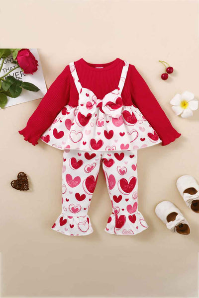 Girls Heart Print Bow Detail Sweater and Flare Pants Set - Ruby's Fashion