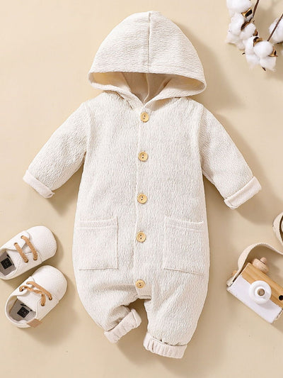 Baby Textured Button Front Hooded Jumpsuit with Pockets - Ruby's Fashion