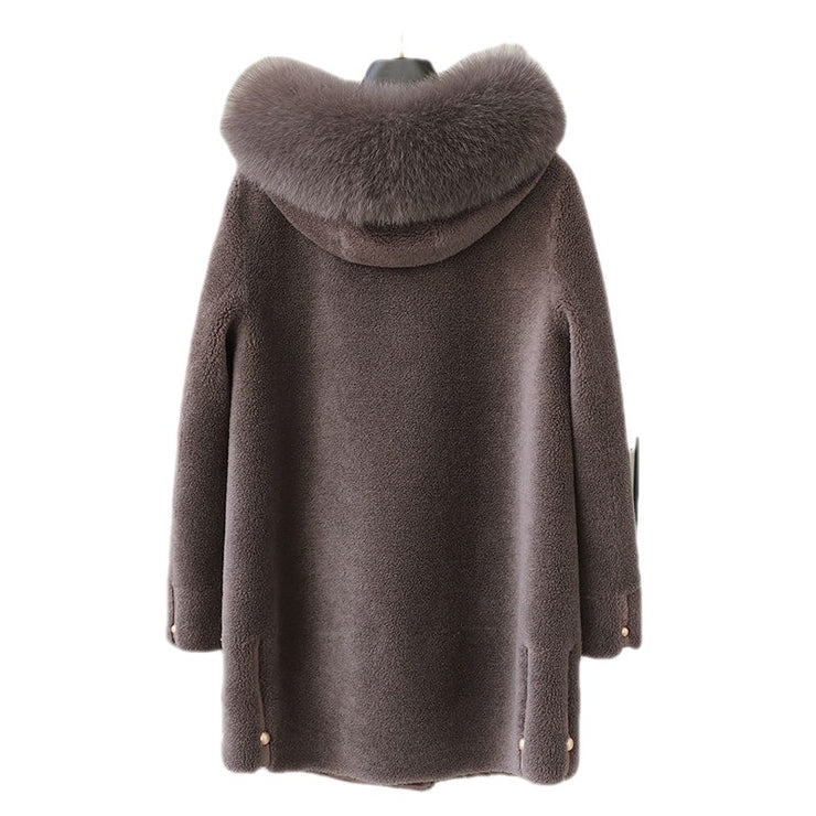 Women's Fox Fur Collar Hooded Sheep Shearling Coat - Ruby's Fashion