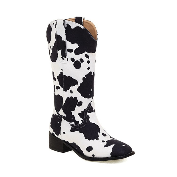 Women's Vintage Cow Print Block Heel Plus Size Rider Boots - Ruby's Fashion