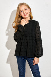 Girls Swiss Dot Spliced Lace Notched Blouse - Ruby's Fashion