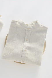 Buttoned Round Neck Long Sleeve Linen Shirt