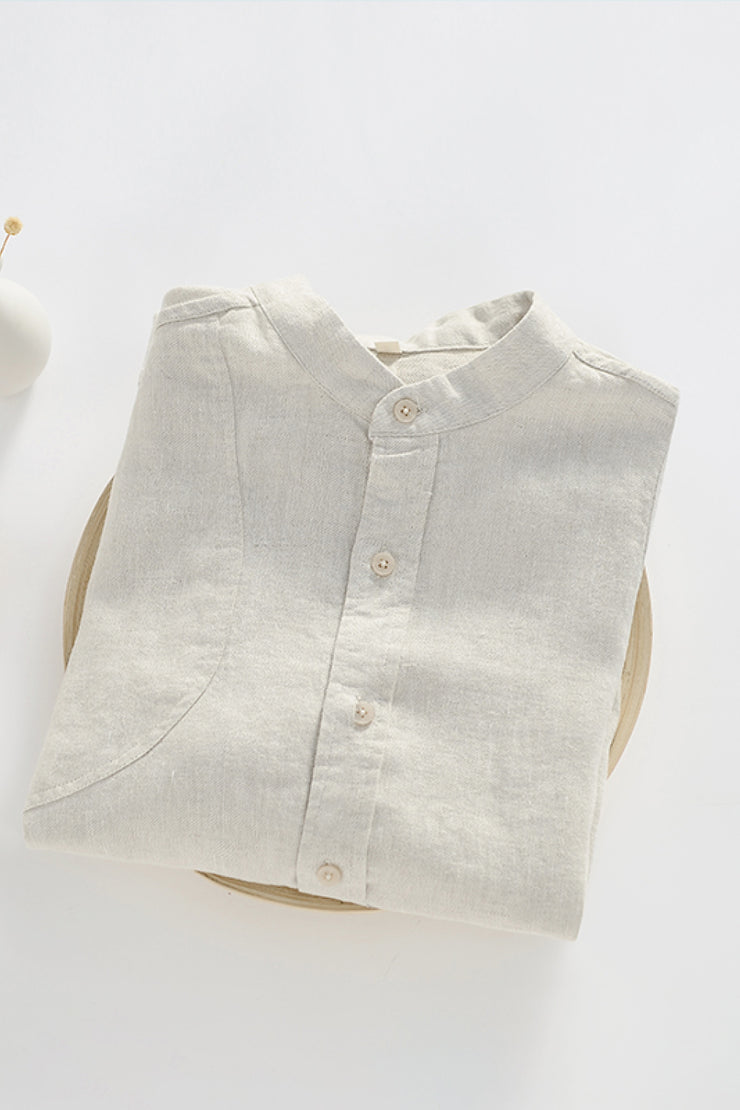 Buttoned Round Neck Long Sleeve Linen Shirt