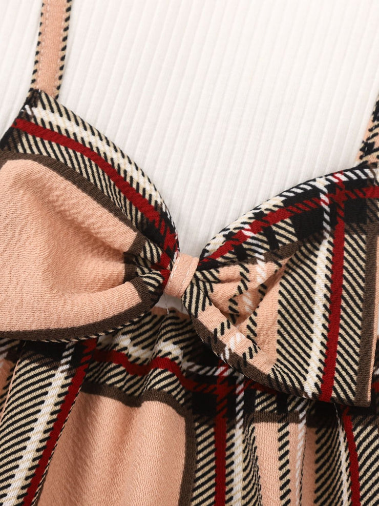 Girls Plaid Bow Detail Ribbed Dress - Ruby's Fashion