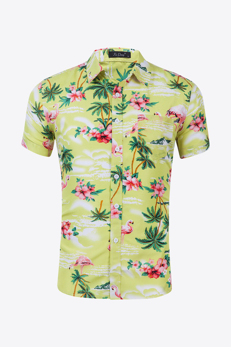 Tropical Print Button-Up Beach Shirt