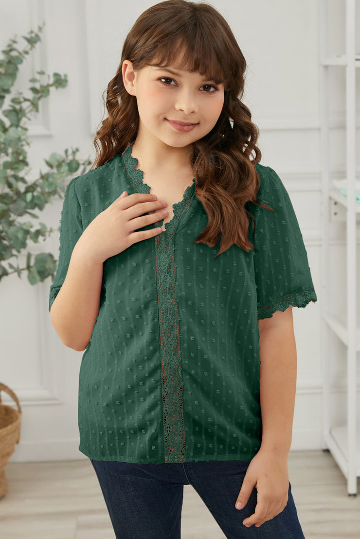 Girls Swiss Dot Spliced Lace Blouse - Ruby's Fashion