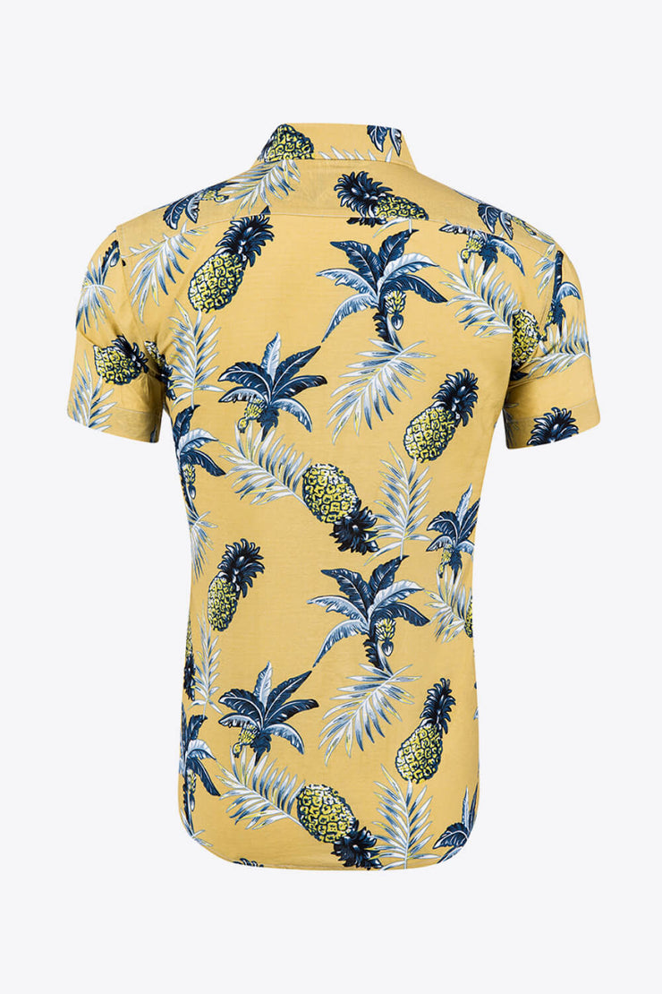 Tropical Pattern Button-Up Collared Beach Shirt