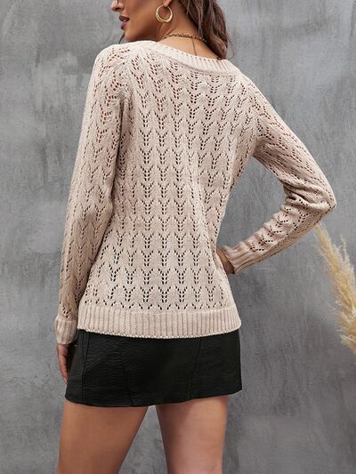 Openwork Round Neck Long Sleeve Sweater