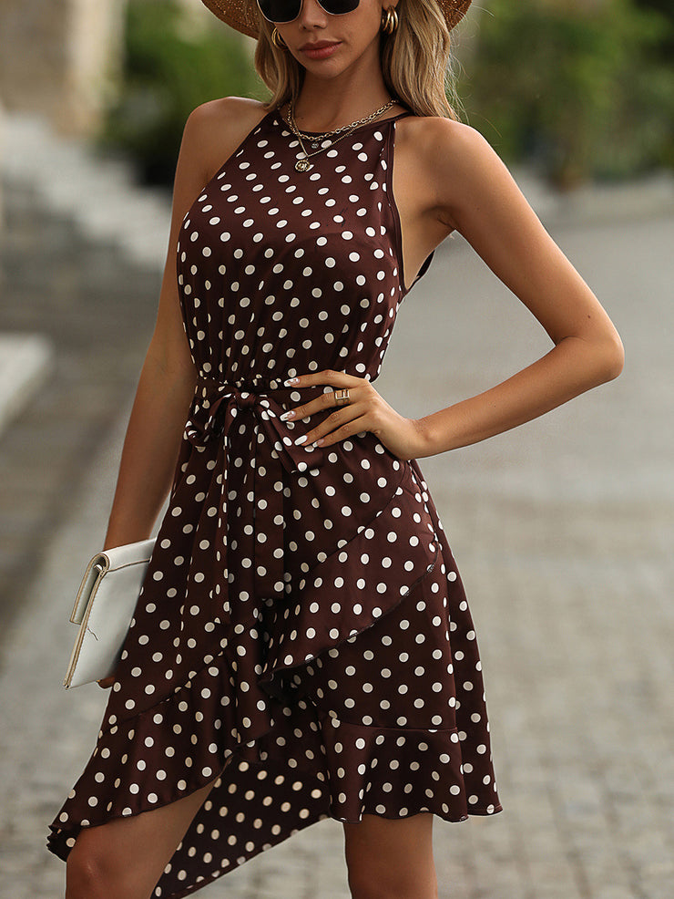 Polka Dot Tie-Waist Ruffled Sleeveless Dress - Ruby's Fashion