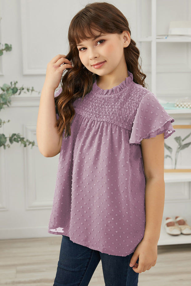 Girls Swiss Dot Smocked Flutter Sleeve Blouse - Ruby's Fashion