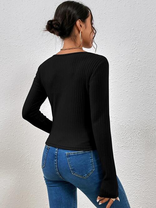 Ribbed Crisscross V-Neck Long Sleeve Knit Top