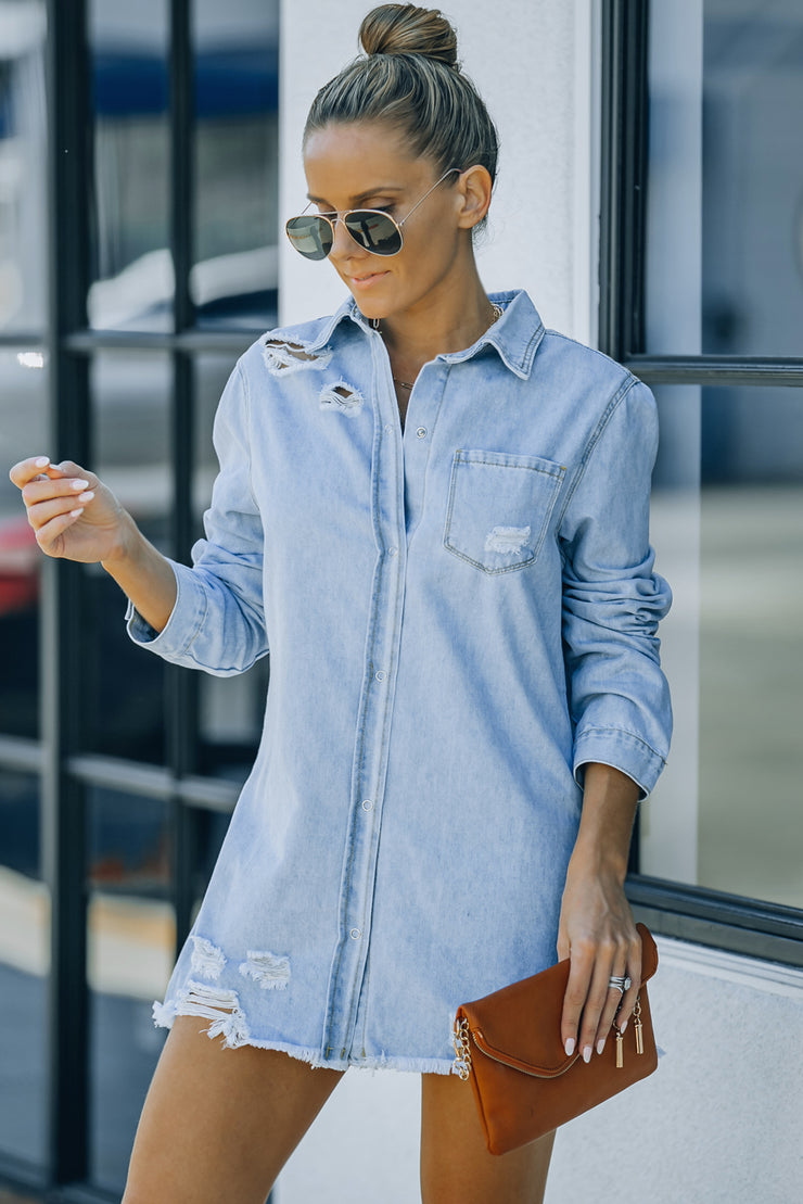 Distressed Snap Down Denim Jacket - Ruby's Fashion