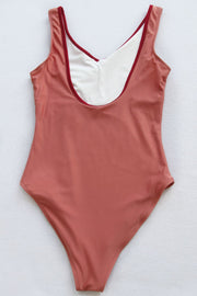 Contrast Decorative Button Low Back One-Piece Swimsuit - Ruby's Fashion