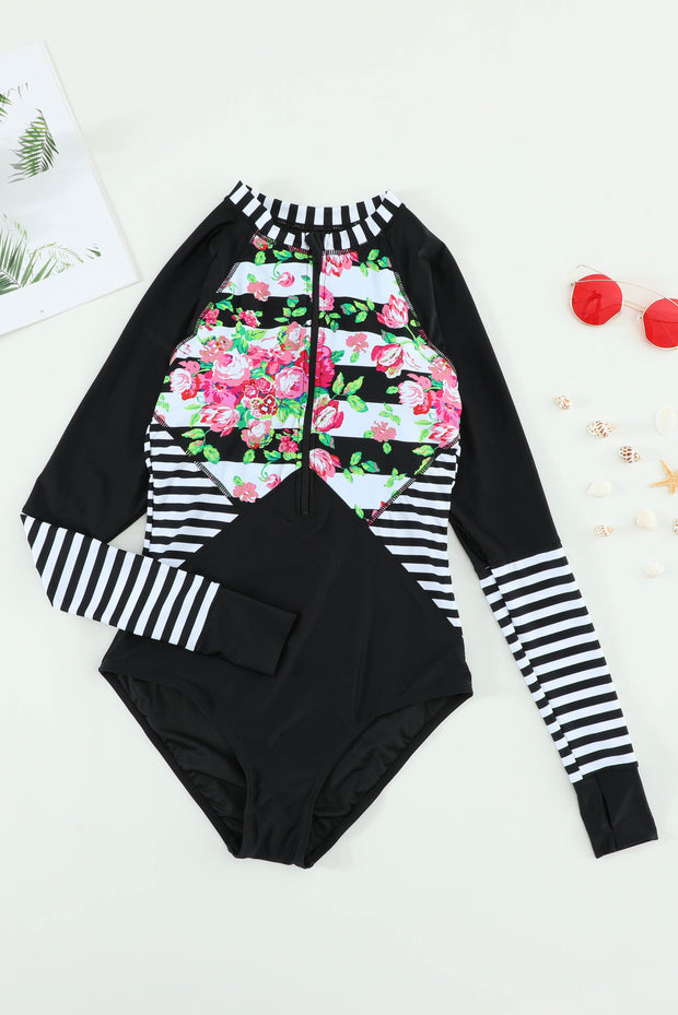 Floral Striped Patchwork Rashguard One-piece - Ruby's Fashion