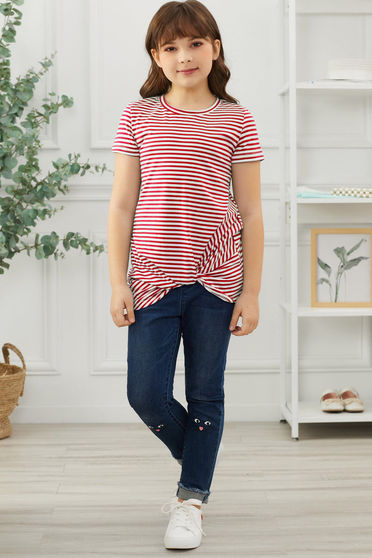 Girls Striped Round Neck Twisted Tee Shirt - Ruby's Fashion