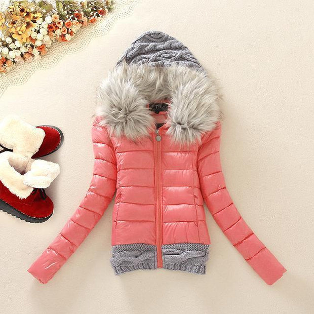 Wool stitching cotton coat fur collar hooded slim cotton short coat - Ruby's Fashion