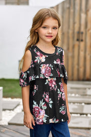 Girls Floral Cold-Shoulder Ruffled Top - Ruby's Fashion