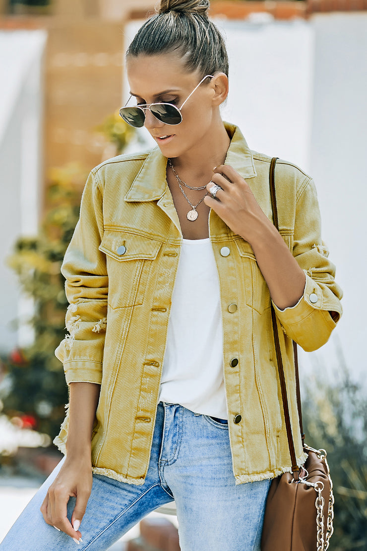 Distressed Raw Hem Denim Jacket - Ruby's Fashion