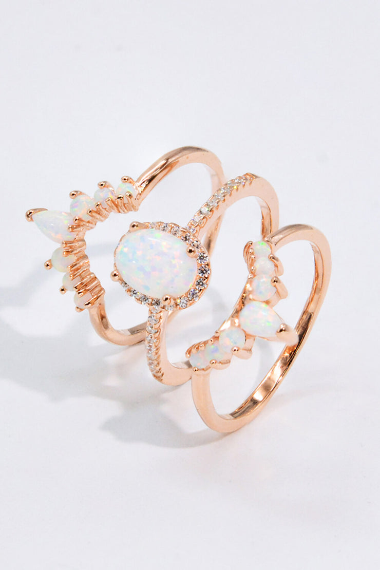 Opal and Zircon Three-Piece Ring Set - Ruby's Fashion