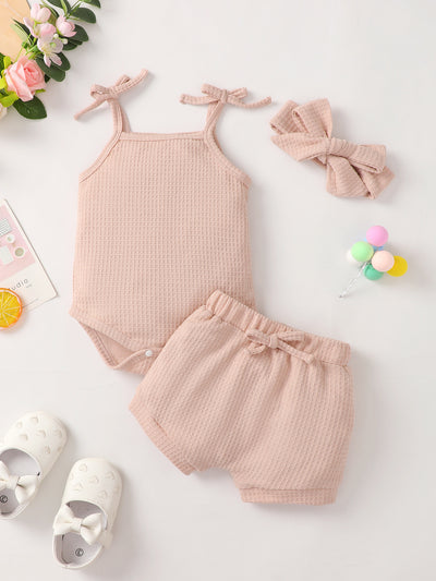 Baby Girl Waffle-Knit Tie-Shoulder Top and Shorts Set - Ruby's Fashion