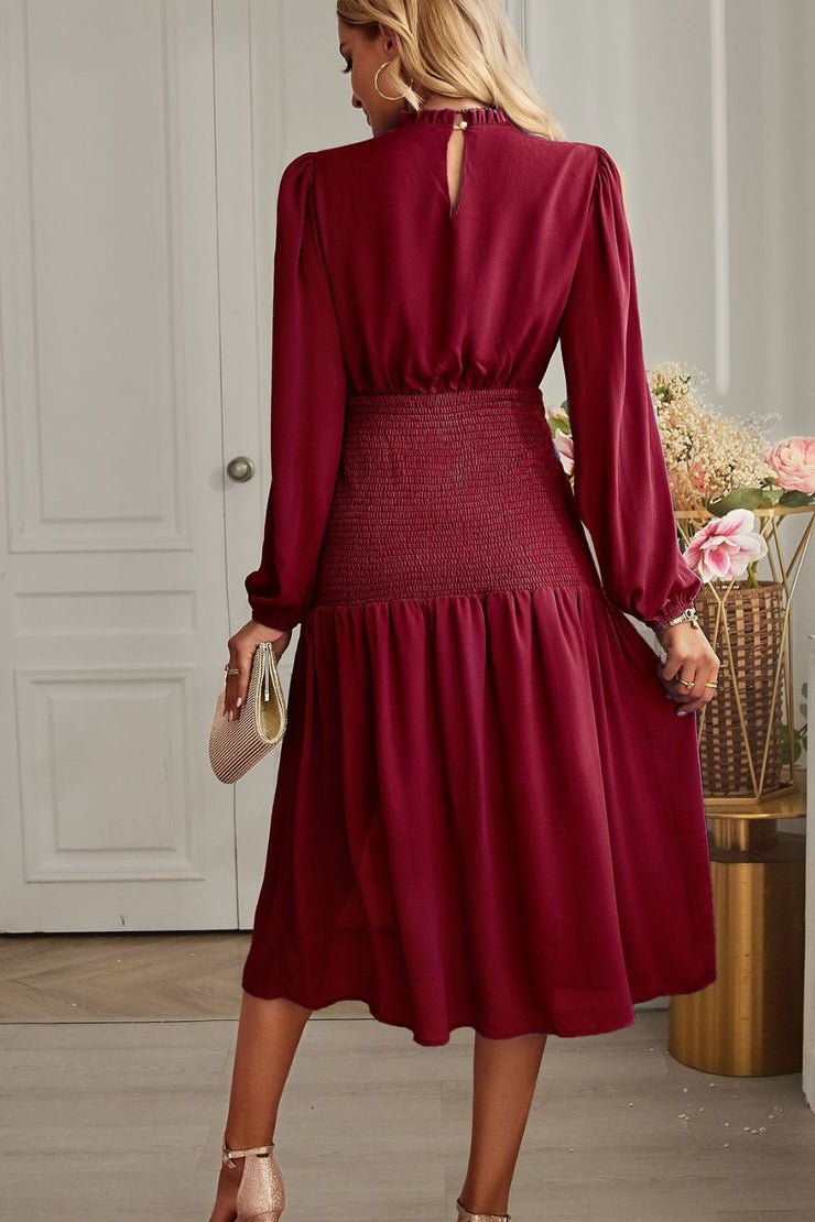 Slit Smocked Mock Neck Puff Sleeve Midi Dress