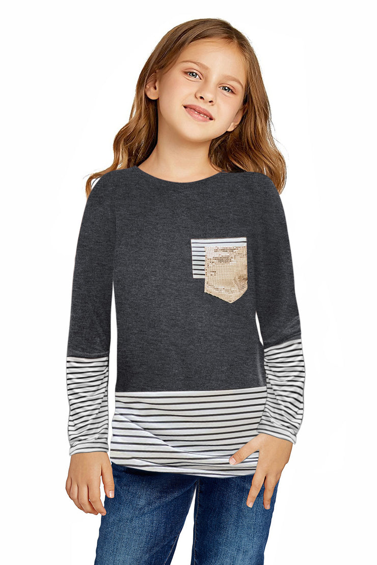 Girls Striped Color Block Sequin Pocket Top - Ruby's Fashion