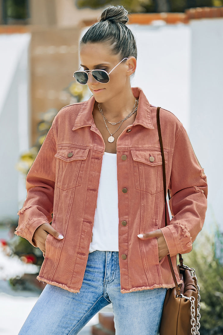 Distressed Raw Hem Denim Jacket - Ruby's Fashion