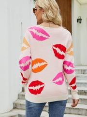 Lip Print V-Neck Knit Top - Ruby's Fashion