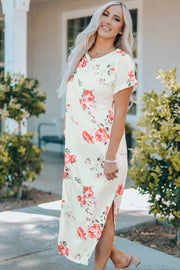 Floral Side Slit Cuffed Sleeve Midi Dress - Ruby's Fashion