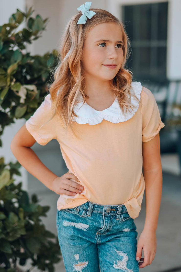 Girls Contrast Peter Pan Collar Short Sleeve Top - Ruby's Fashion