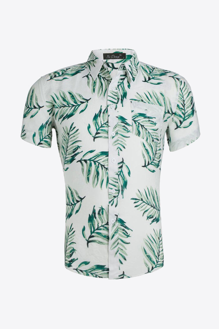 Tropical Pattern Button-Up Collared Beach Shirt