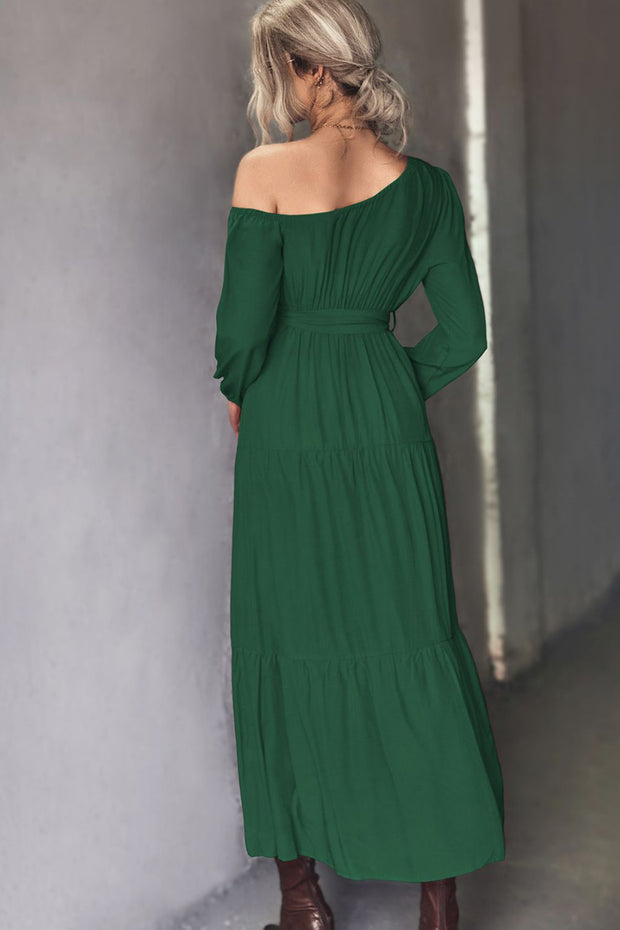 Belted One-Shoulder Tiered Maxi Dress - Ruby's Fashion