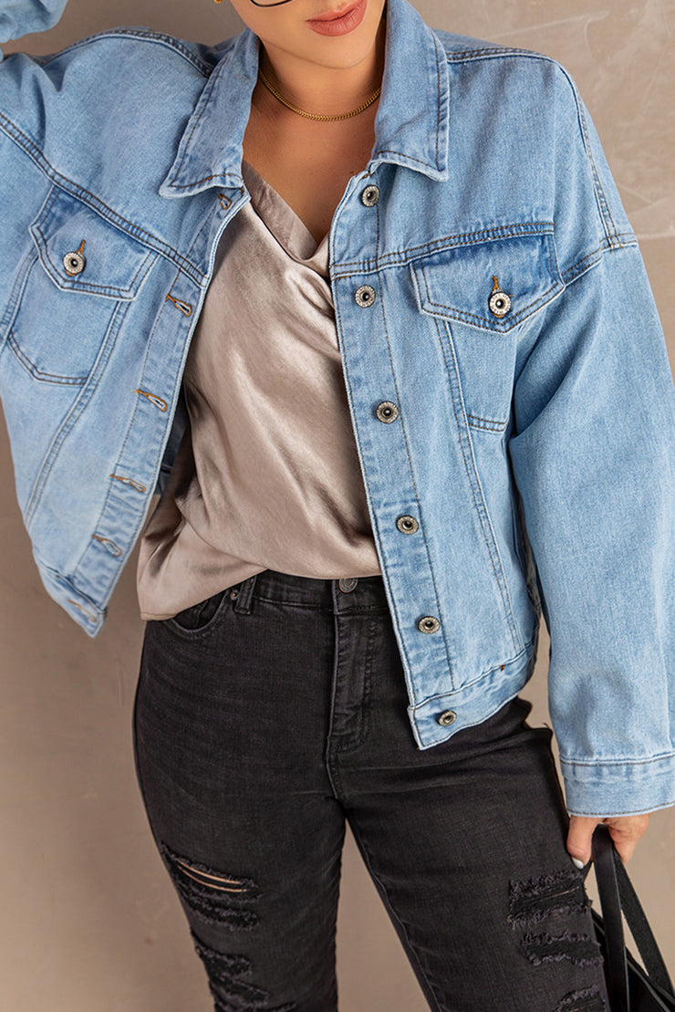 Button Down Dropped Shoulder Denim Jacket - Ruby's Fashion