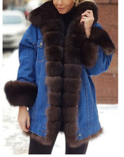 Ladies Fur One Denim Long Long Sleeve Coat - Ruby's Fashion