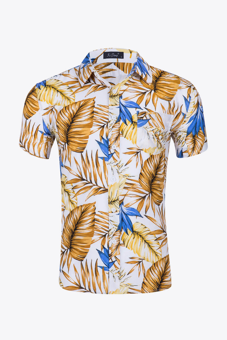 Tropical Pattern Button-Up Collared Beach Shirt