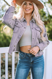 Frayed Trim Snap Down Denim Jacket - Ruby's Fashion