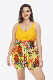 Plus Size Floral Two-Tone Asymmetrical Hem Two-Piece Swimsuit - Ruby's Fashion